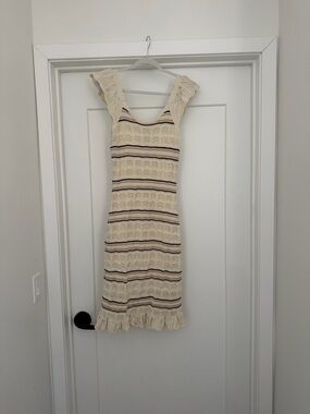 Cream Striped Crochet Midi Dress with Ruffle Straps